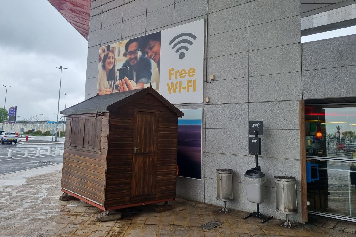 Hond uitlaten bij de Eurotunnel-terminal voor de overtocht naar Engeland