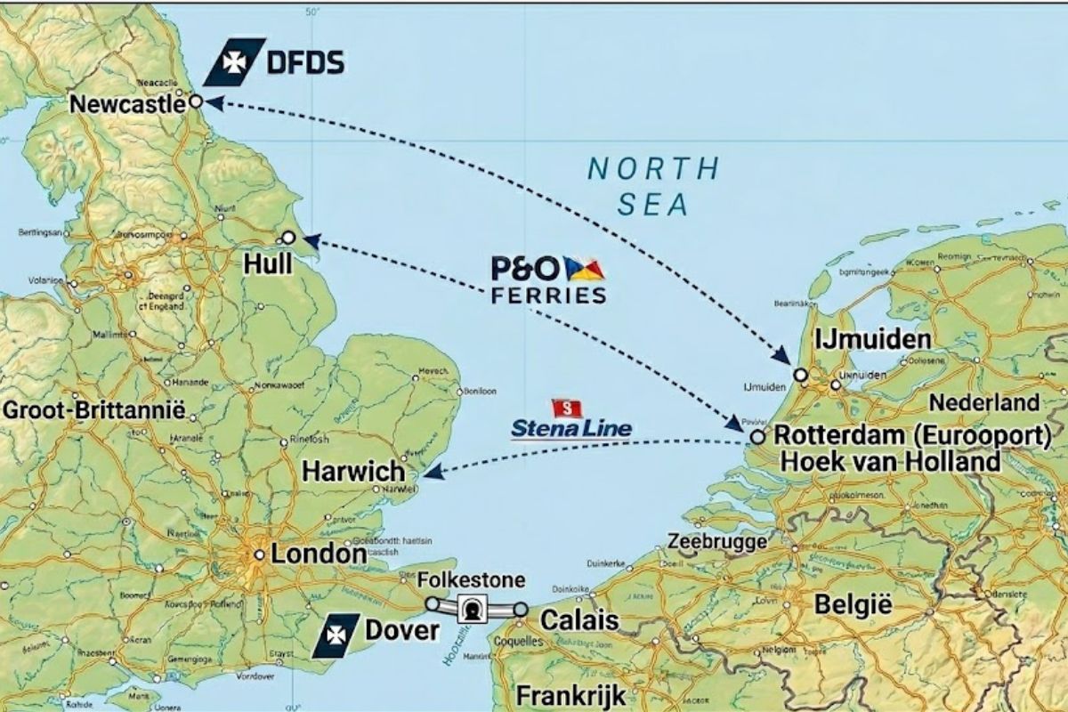 Kaart met de routes naar Engeland: Calais-Dover, Duinkerken-Dover, Hoek van Holland-Harwich en de tunnel Calais-Folkestone