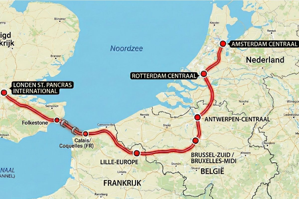 Kaart met de Eurostar-route van Amsterdam via Rotterdam en Brussel naar Londen