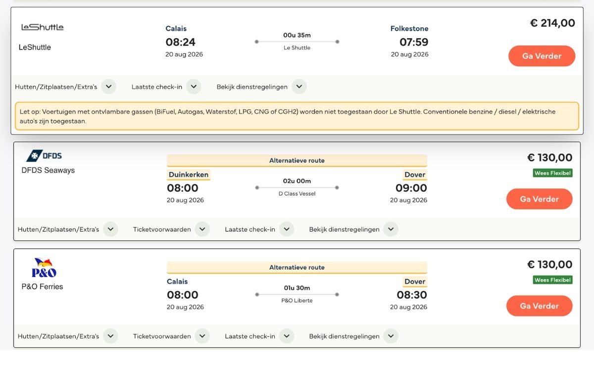 Vergelijking in de prijsvergelijker: LeShuttle Calais naar Folkestone naast de veerboten van DFDS en P&O naar Dover, met prijzen en reistijden naast elkaar